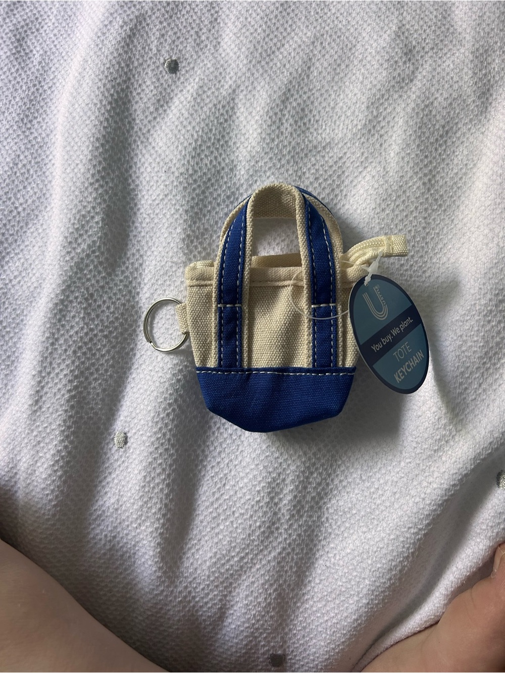 Canvas Mini Tote Keychain in Cream and Blue